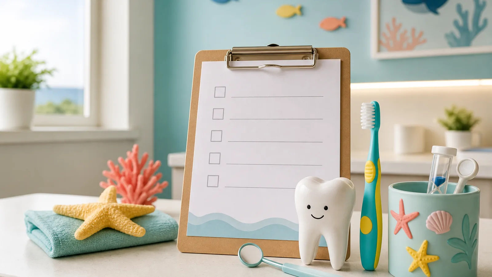 Child-sized toothbrush, smiling tooth model, and parent checklist in a bright pediatric dental office
